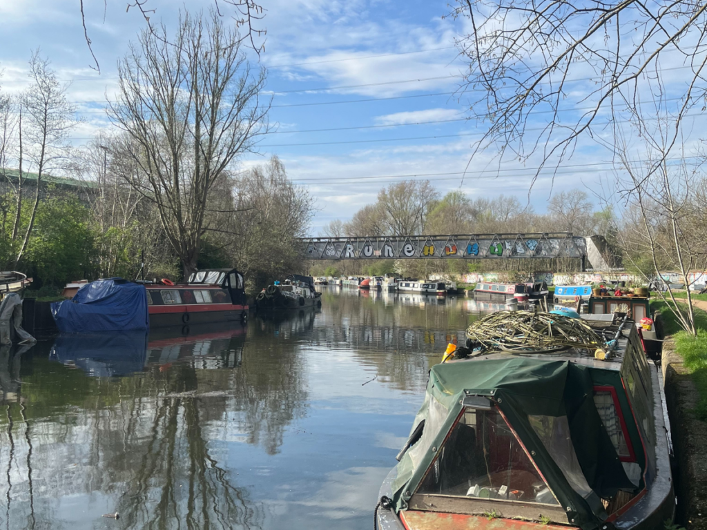 A springtime shot of the canal in Hackney by Hackney Wick. The bare trees are reflected in the water and the sky is blue.