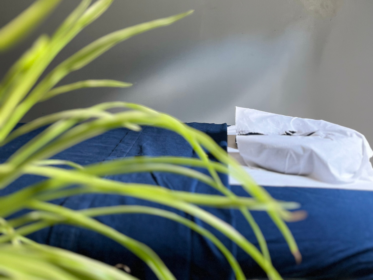 Therapeutic Massage services in East London. A massage bed is made up ready for a client. The massage sheets are fleecy and navy blue. In the foreground is a spider plant.
