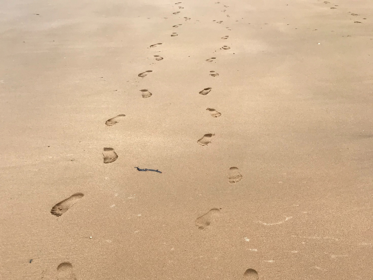Two pairs of barefoot prints in the sand along a clear sandy beach. One set is larger than the other.