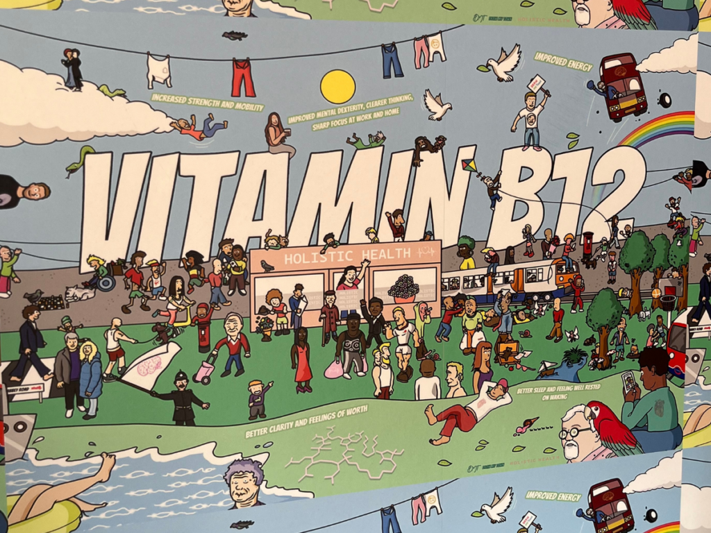Vitamin B12 injections to Boost Your Levels 11 A poster by Ben of Draw My Town advertising Vitamin B12 injections at Holistic Health in Hackney.