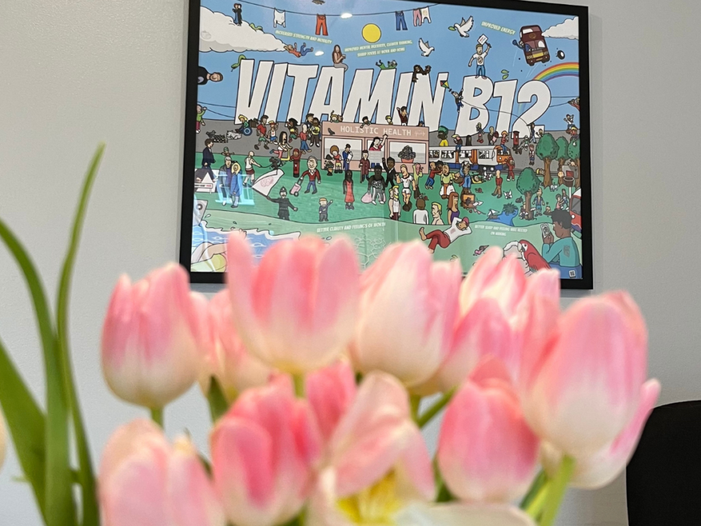 A poster by Ben of Draw My Town advertising Vitamin B12 injections at Holistic Health in Hackney.