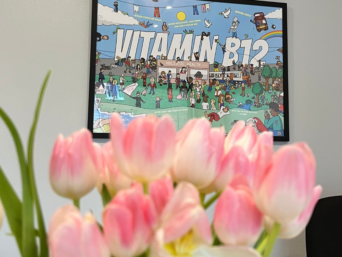 A poster by Ben of Draw My Town advertising Vitamin B12 injections at Holistic Health in Hackney.